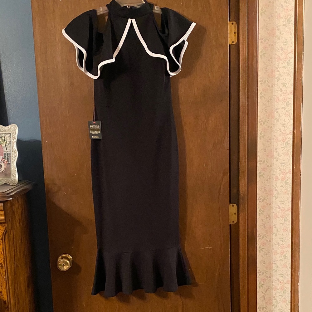Bebe cold shoulder Dress with White Trim
